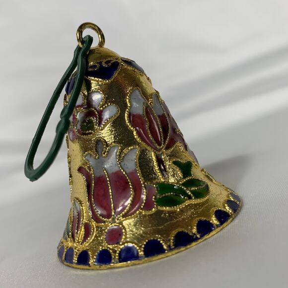 Cloisonne Gold Enamel Floral Tulip Heart Bell Butterfly Flower Green Interior - Picture 6 of 14